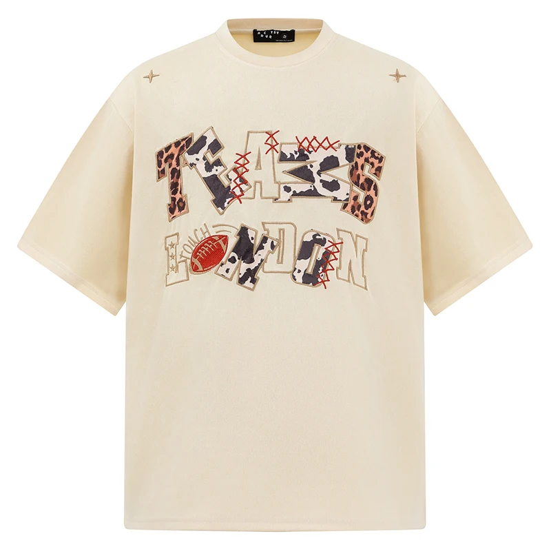 

Мужская винтажная футболка из искусственной замши, уличная футболка с вышивкой в стиле Техасский Лондон, повседневный топ с буквенной аппликацией в стиле хип-хоп