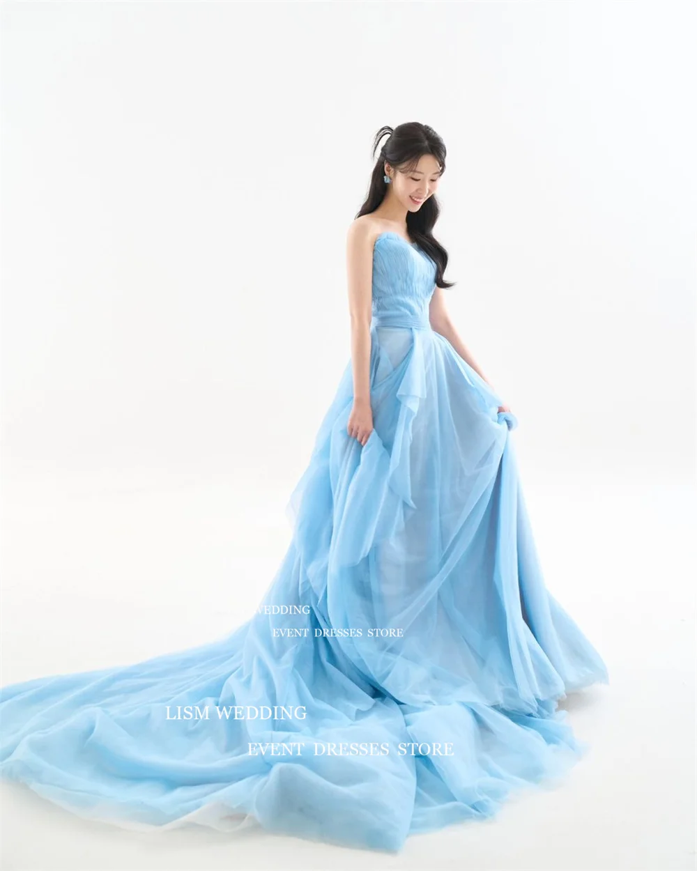 LISM Sweetheart Fairy Tulle A Line Evening Dresses Korea Photoshoot Sky Blue Draped Pleats Long Custom Floor Length Formal Dress