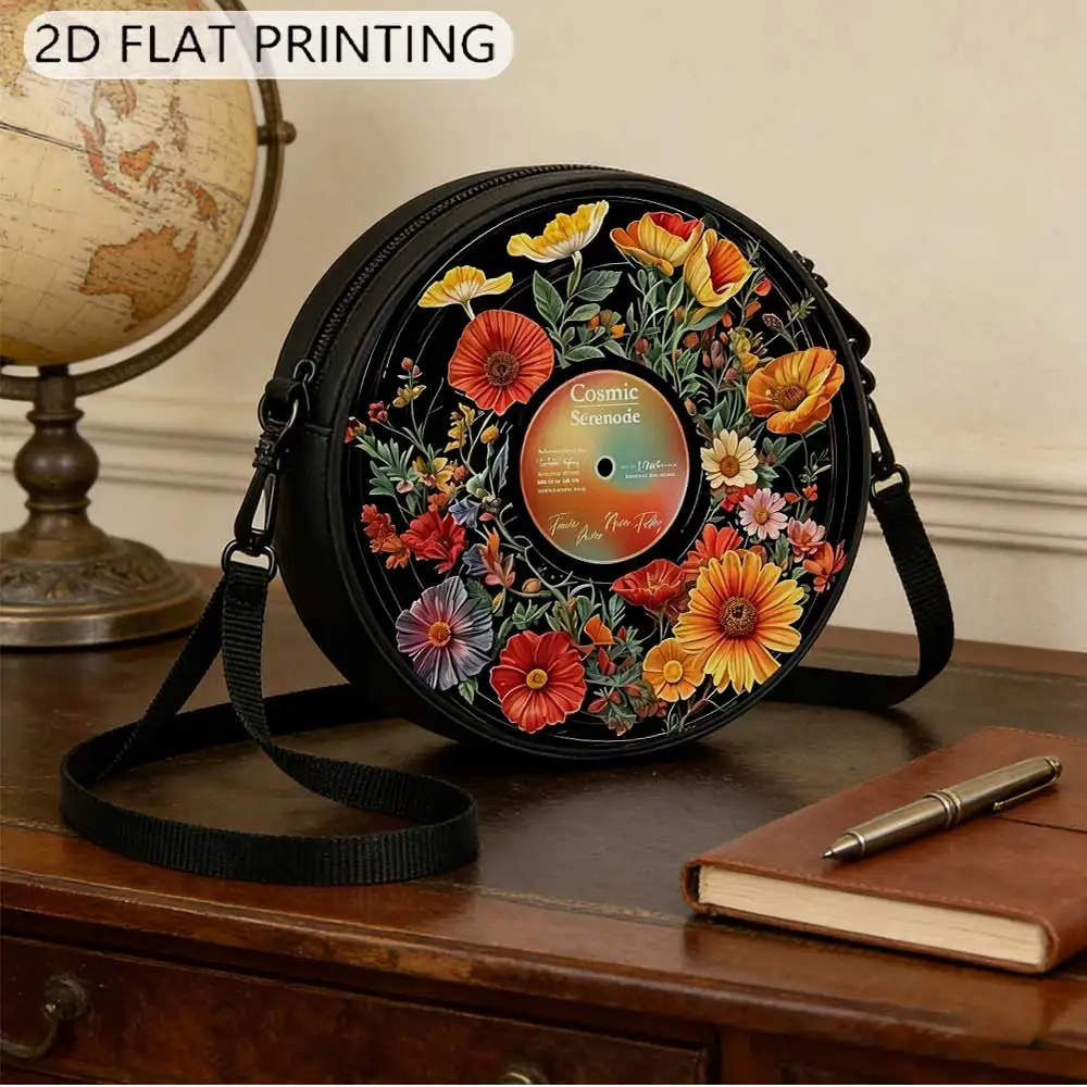Floral Cosmic Serenade Print Round Women Shoulder Bag, fashion casual purse for ladies, 2D flat, adjustable strap, daily gift
