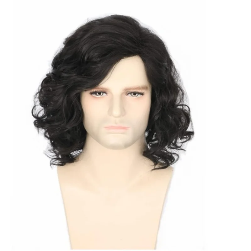 

Новый мужской парик с боковой частью, косая челка, черные вьющиеся волосы средней длины, объемные