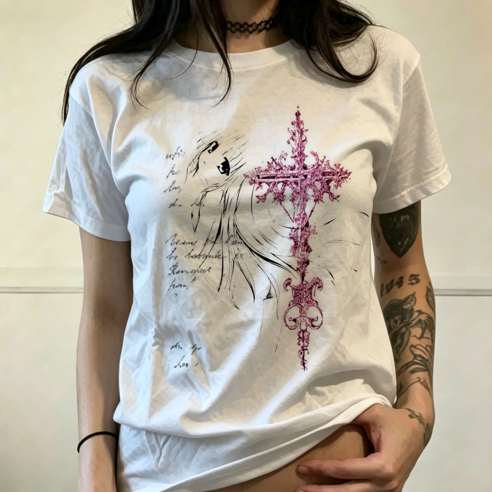 Summer Arrivals: Short-sleeve T-shirts with comic-style character prints, Gothic and Y2K styles, suitable for both men and women