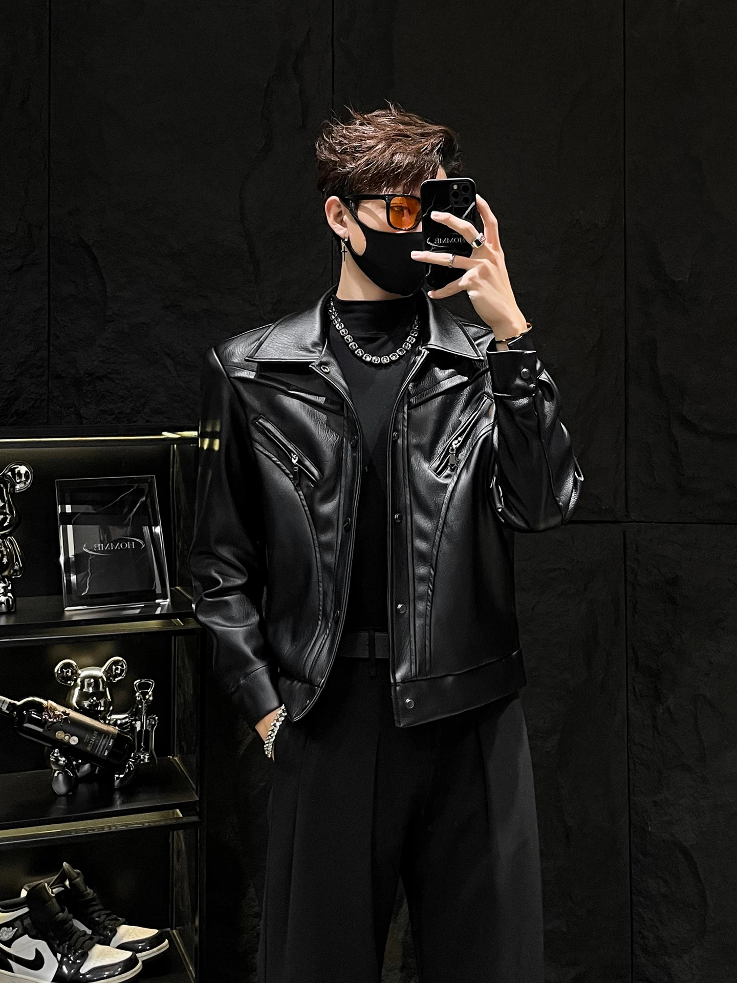 

American Sle ort Padded oulder Leather Jaet Men's Autumn Winter Faionable High-End Feel Zipper Flip Collar Biker Ja...