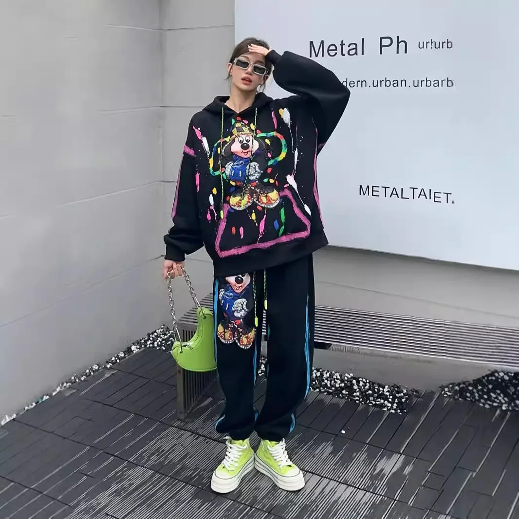 American Fashion Brand Diamond Hooded Sweatshirt and Sweatpants Leisure Sports Suit Oversized Loose Fashion Two-Piece Suit Women