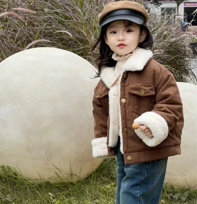 Girls Coat Corduroy Thick Velvet Warmth Single Breasted Top 2024 Autumn and Winter New Children Clothing