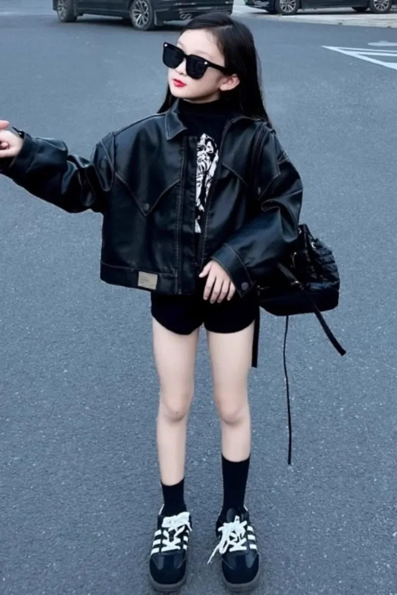 5-15Y Girl's Korean Casual Leather Jacket Spring Autumn New Children's Fashion Coat 120-170cm
