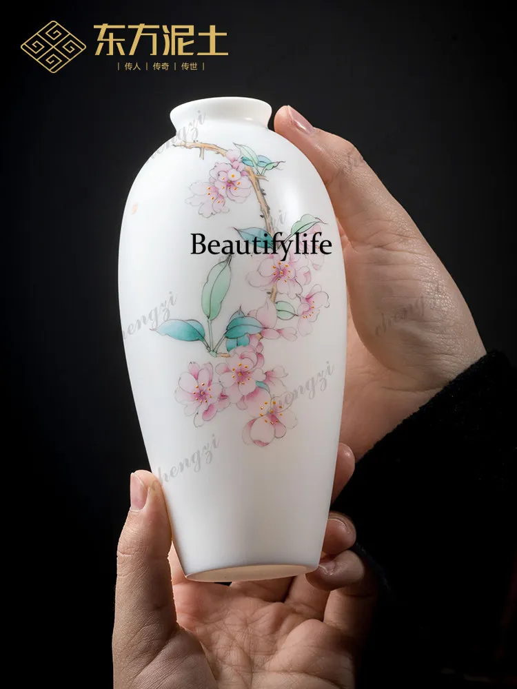 New Chinese high-end hand-painted begonia small vase New Chinese ceramic ornament Living room Bogu frame Bogu frame decoration