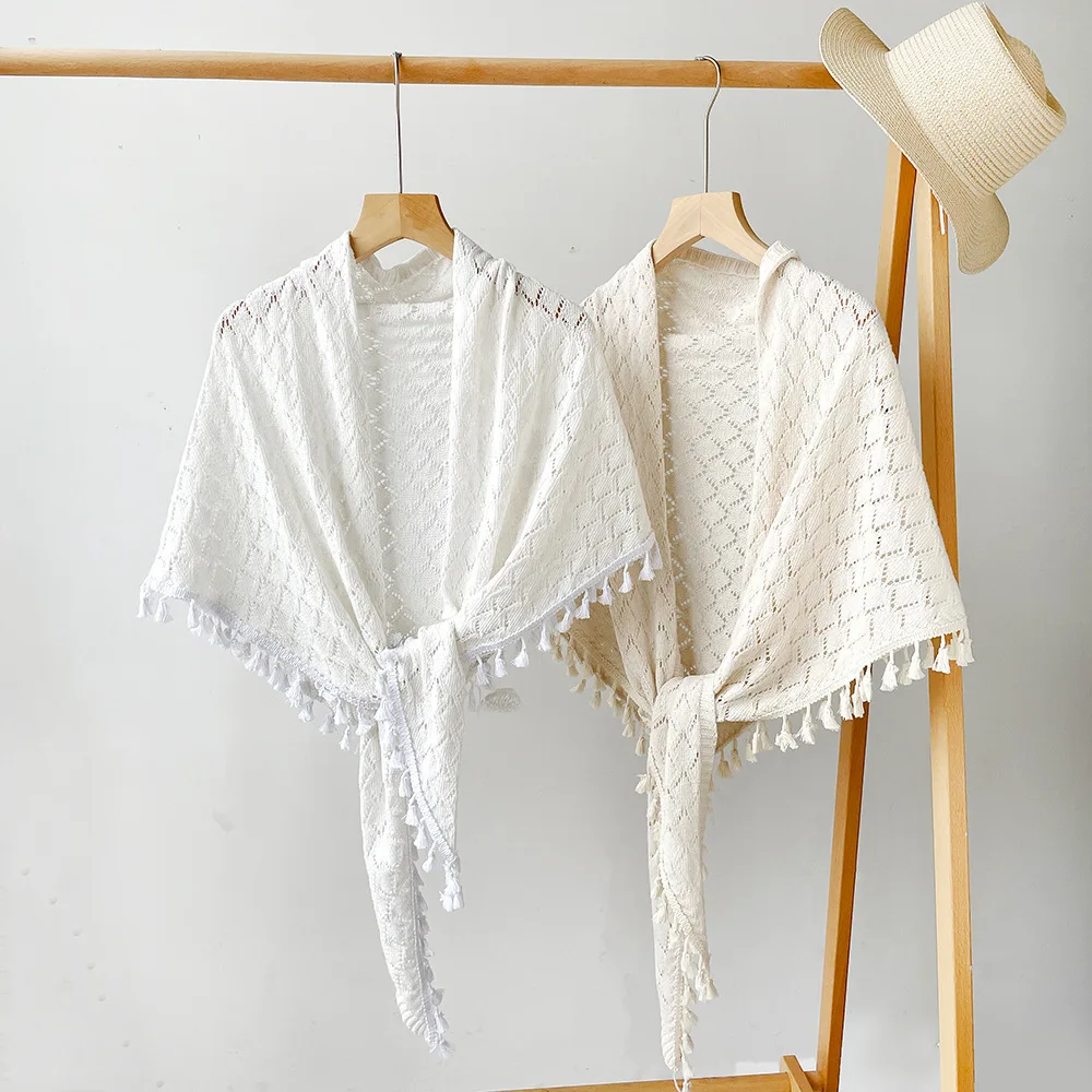 

Богемная однотонная шаль с бахромой и кисточкой для женщин | Кимоно треугольный шарф | Кружевное вязаное пончо