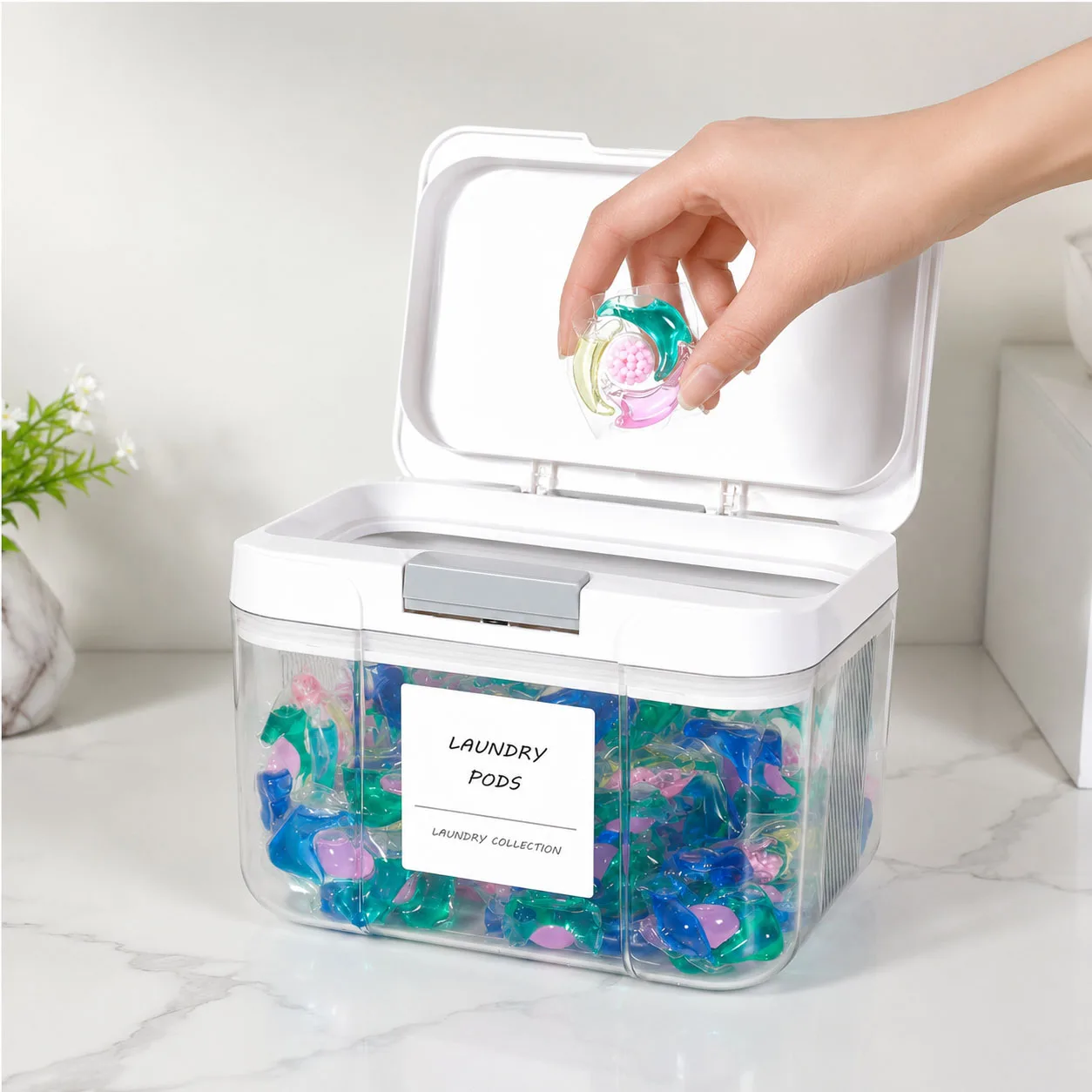 Laundry Pod Holder with Lid, Clear Detergent Storage Container with Scoop, Sealed Laundry Pods Organizer Box for Laundry Room