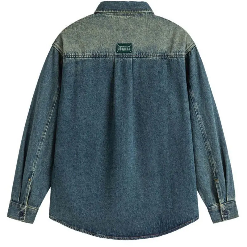 Male 2024 autumn Japanese retro embroidery couple washed casual loose collared long sleeved denim versatile shirt trend