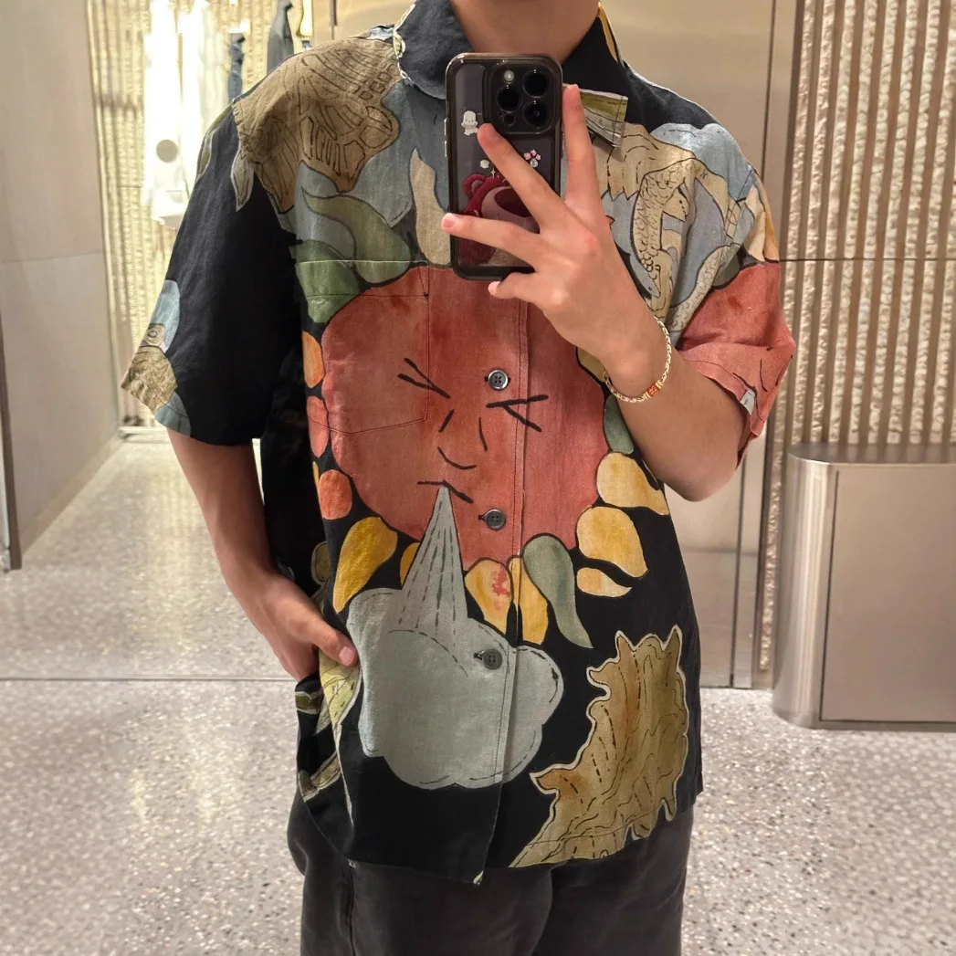 High Street Shirts Men's Sunflower Hand-painted Colorful Printed Cotton and Linen Cardigan Short Sleeved Casual Shirts