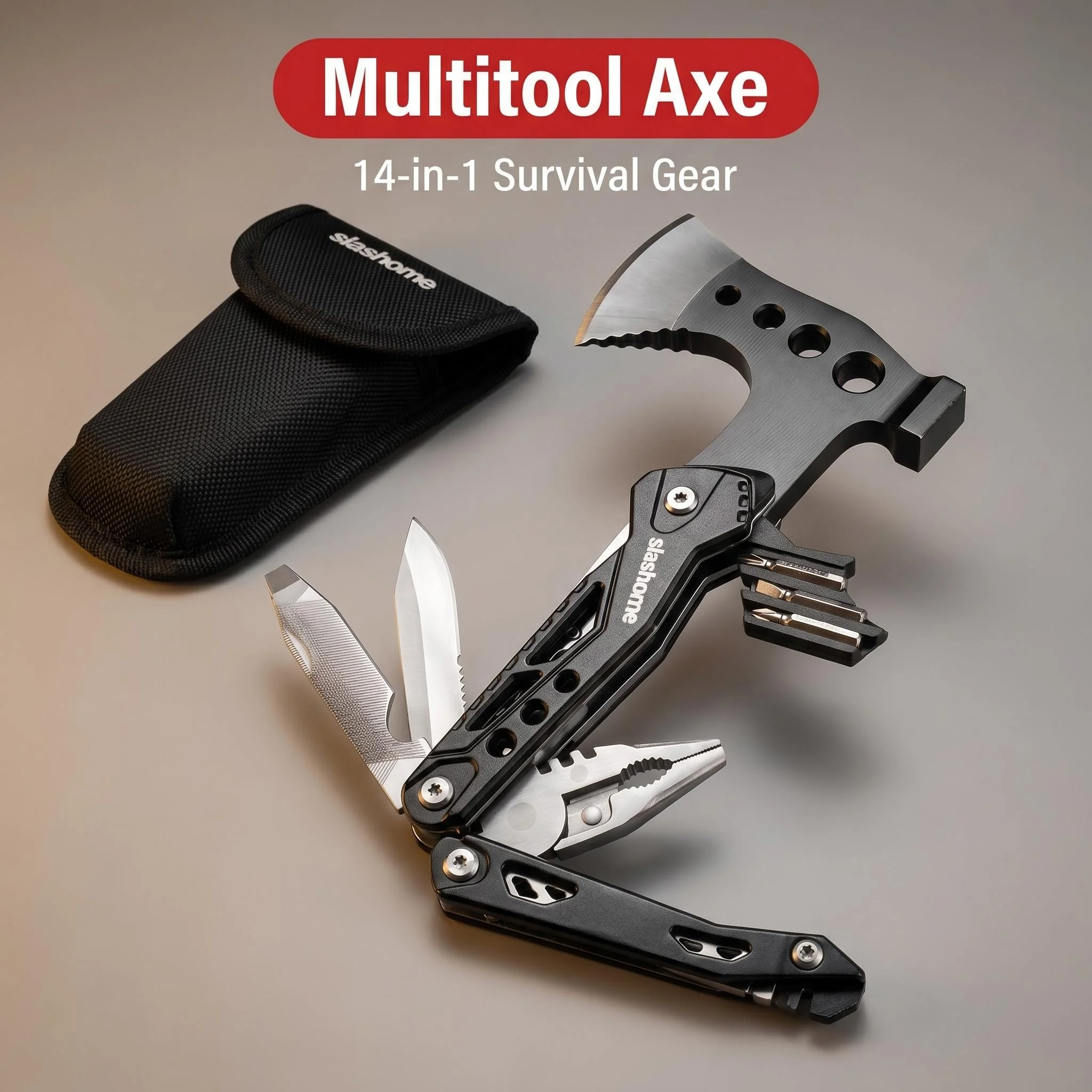 Multifunctional Folding Axe Plier Combo Tool Portable Outdoor Camping Emergency Repair Hand Tool with Storage Pouch