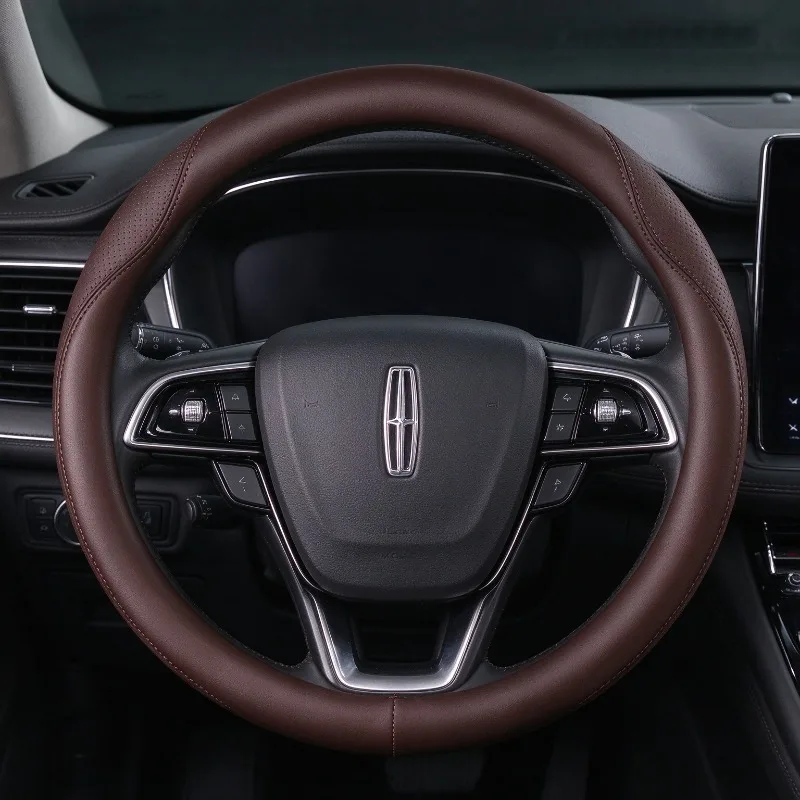 Fits Lincoln,37-38cm Nappa Leather Steering Wheel Cover,O+D Shape, Ultra Thin, Breathable Anti-slip, All Season Auto Accessories