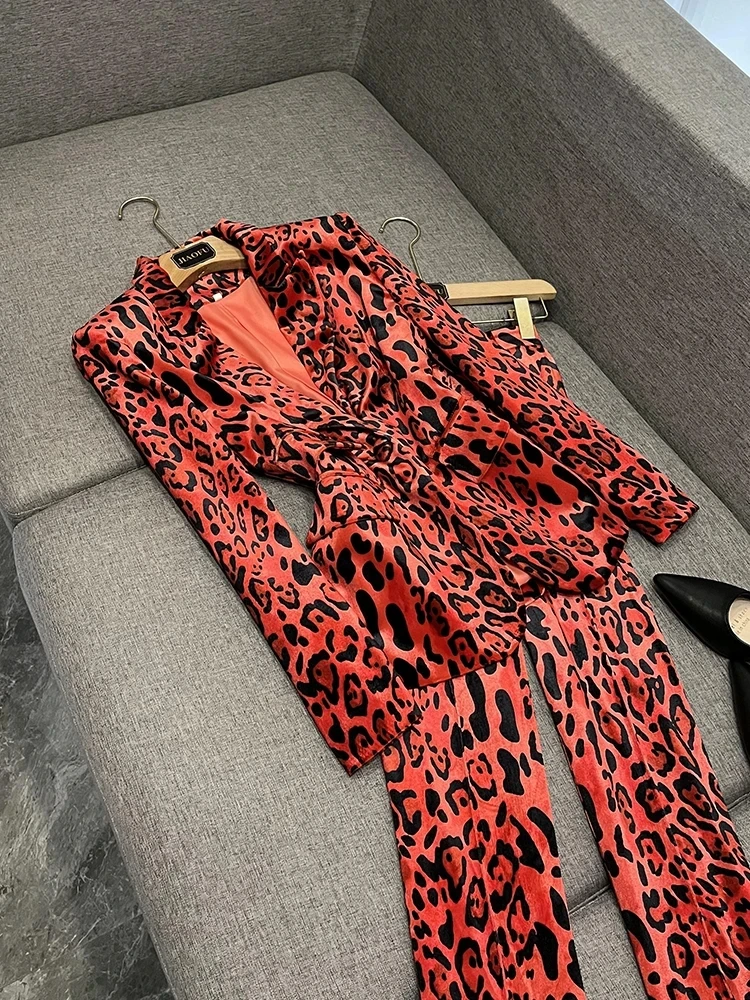 HIGH STREET Newest Fashion 2025 Designer Suit Set Women's Single Button Leopard Printed Velvet Blazer Pencil Pants Suit 2PCS