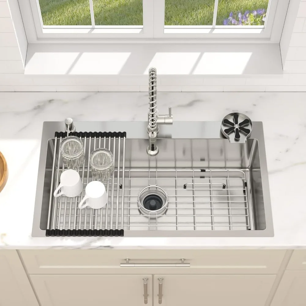 حوض مطبخ كبير Topmount 33x19، شديد التحمل 16 مقياس 304 من الفولاذ المقاوم للصدأ، 3 فتحات أنابيب، تصميم منسدل