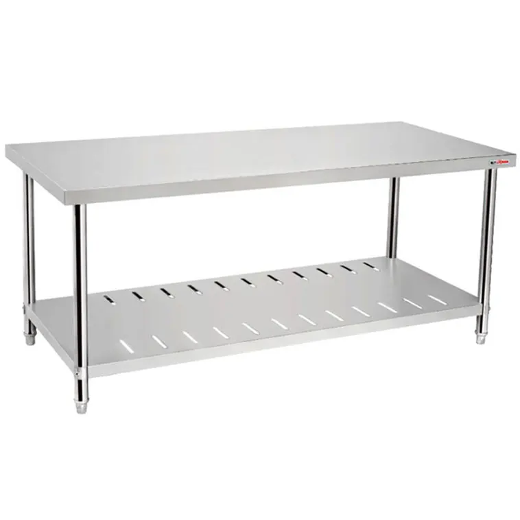 معدات المطبخ التجارية بسعر المصنع منضدة عمل من الفولاذ المقاوم للصدأ مجمعة من ثلاث طبقات مع رف مزدوج لغرفة الطعام