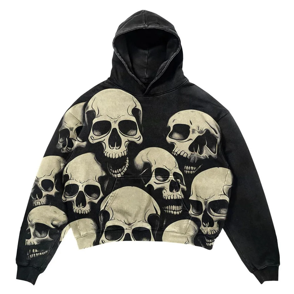 Men's Loose Hoodies Y2K Skull Ribbed Oversized Print Pullover Men's Fall Street Hip Hop Rap Trend Women's Sweatshirts