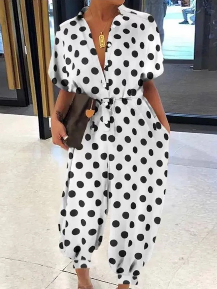 Zomer Nieuwe Dot Luipaardprint Jumpsuit Vrouwen Korte Mouw Leace-up Pocket Casual Jumpsuits Mode Vintage Dames Body