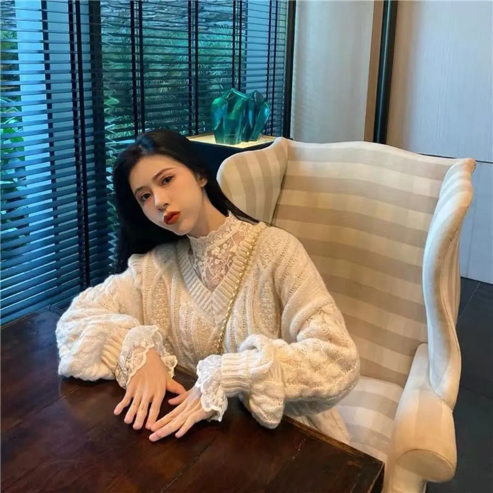 

Кружевные футболки с высоким воротником и длинными рукавами, прозрачные милые цветочные кружевные рубашки с рюшами, майки, укороченный топ, женский зимний