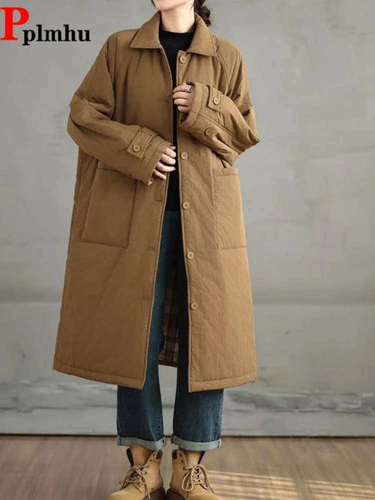 

Утолщенные корейские модные куртки с отложным воротником, женские повседневные однобортные мешковатые куртки на пуговицах Abrigos средней длины, свободные теплые Casaco