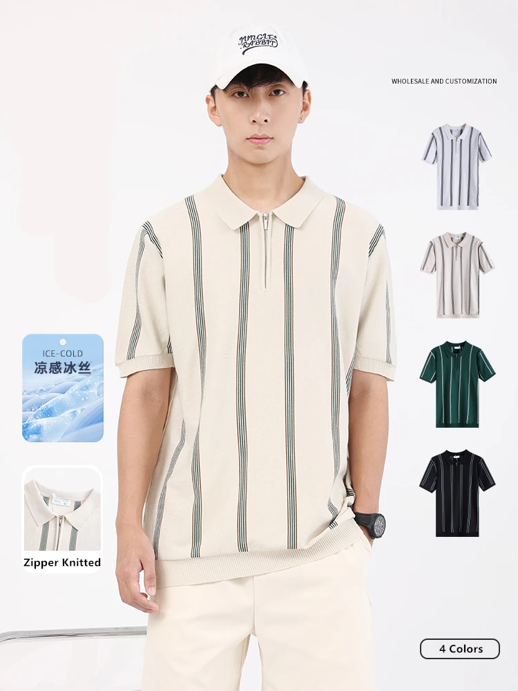 Elastic Viscose Blends Polo Shirts For Men Striped Knitted Cool Summer Quality Smooth Comfortable Smart Casual Camisas De Hombre