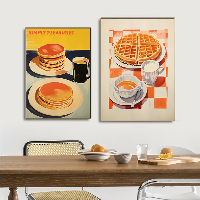 Vintage Food Poster Eggs Bacon Spaghetti Pancakes Seafood Cheese Canvas Painting Wall Art Picture Kitchen Restaurant Home Decor