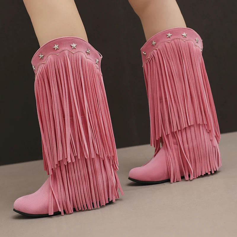 

Large Size 45 46 Women Retro Ethnic Western Cowboy Boots Casual Flat Heels Tassel Fringe Knee High Boot Ladies Winter Shoes Pink