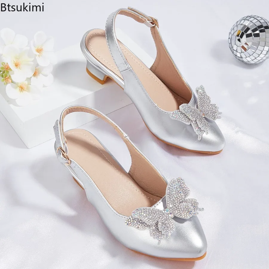 2026 New Girls' Princess Shoes Fashion Pointed-toe Rhinestone Butterfly Children's High Heels Girls Party Sandals for Ages 7-12T