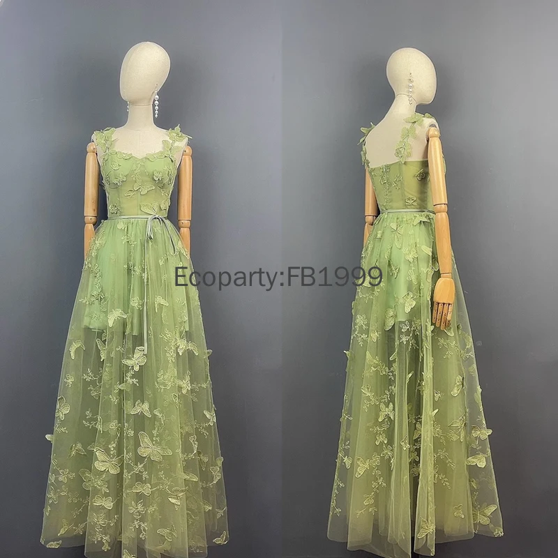 New Women Corset Long Tulle Prom Dress with Lace 3D Butterfly Sexy Slit Ball Gown Evening Dresses Wedding Formal Party Vestidos