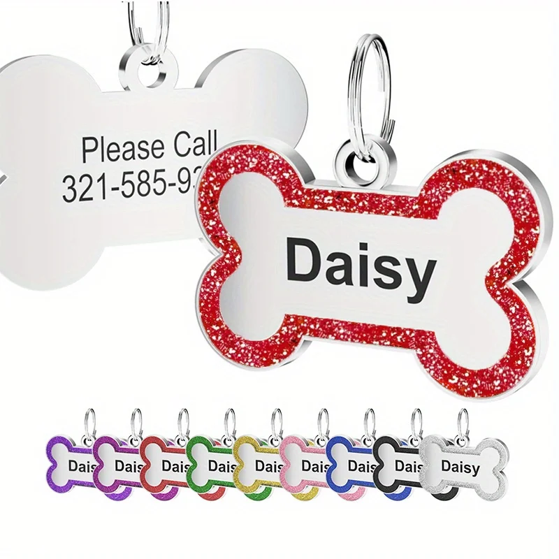 1 Stück Bella Personalisierte Hundemarke - Maßgefertigter Edelstahl-ID-Namensanhänger mit Glitzer-Knochen-Design, Ideales Haustiergeschenk für Hunde – Detail 4
