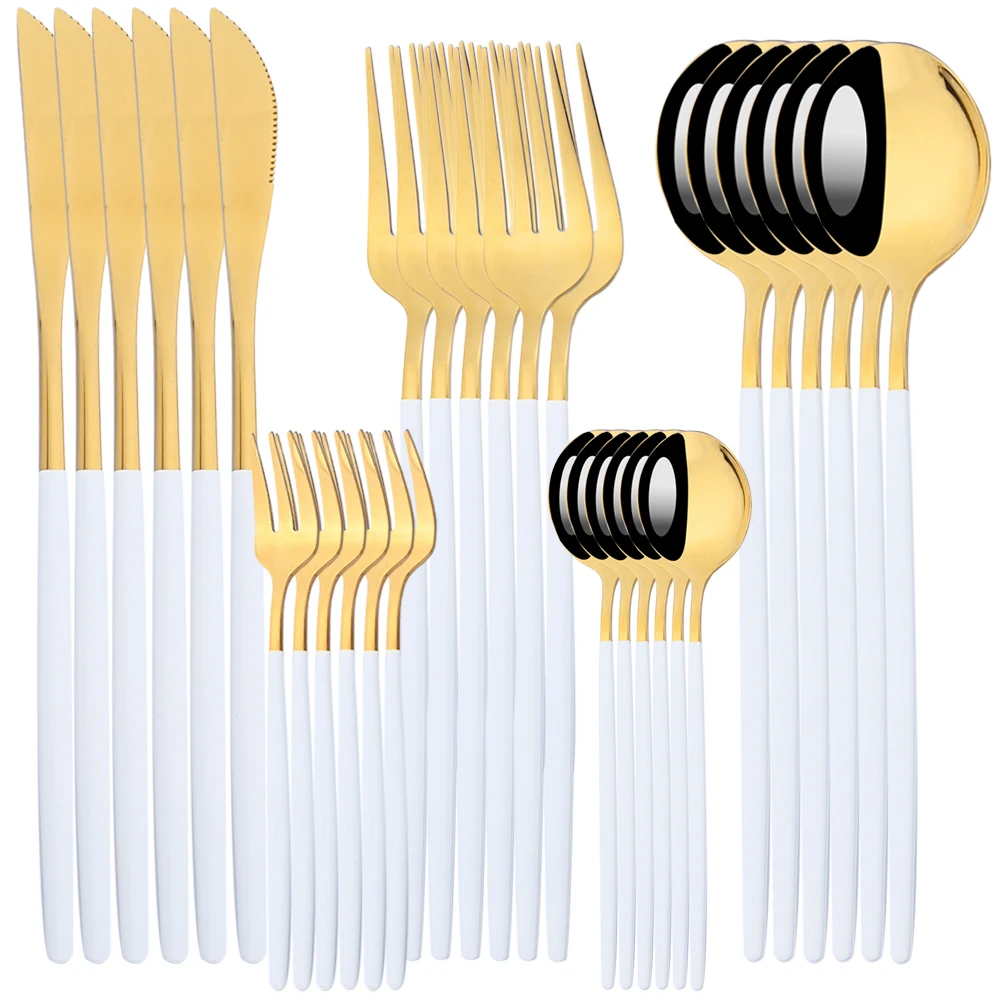 

AJOYOUS 30pcs White Gold Dinnerware Set Cutlery Stainless Steel Knife Fork Spoon Cutlery Set Flatware Dishwasher Safe Tableware