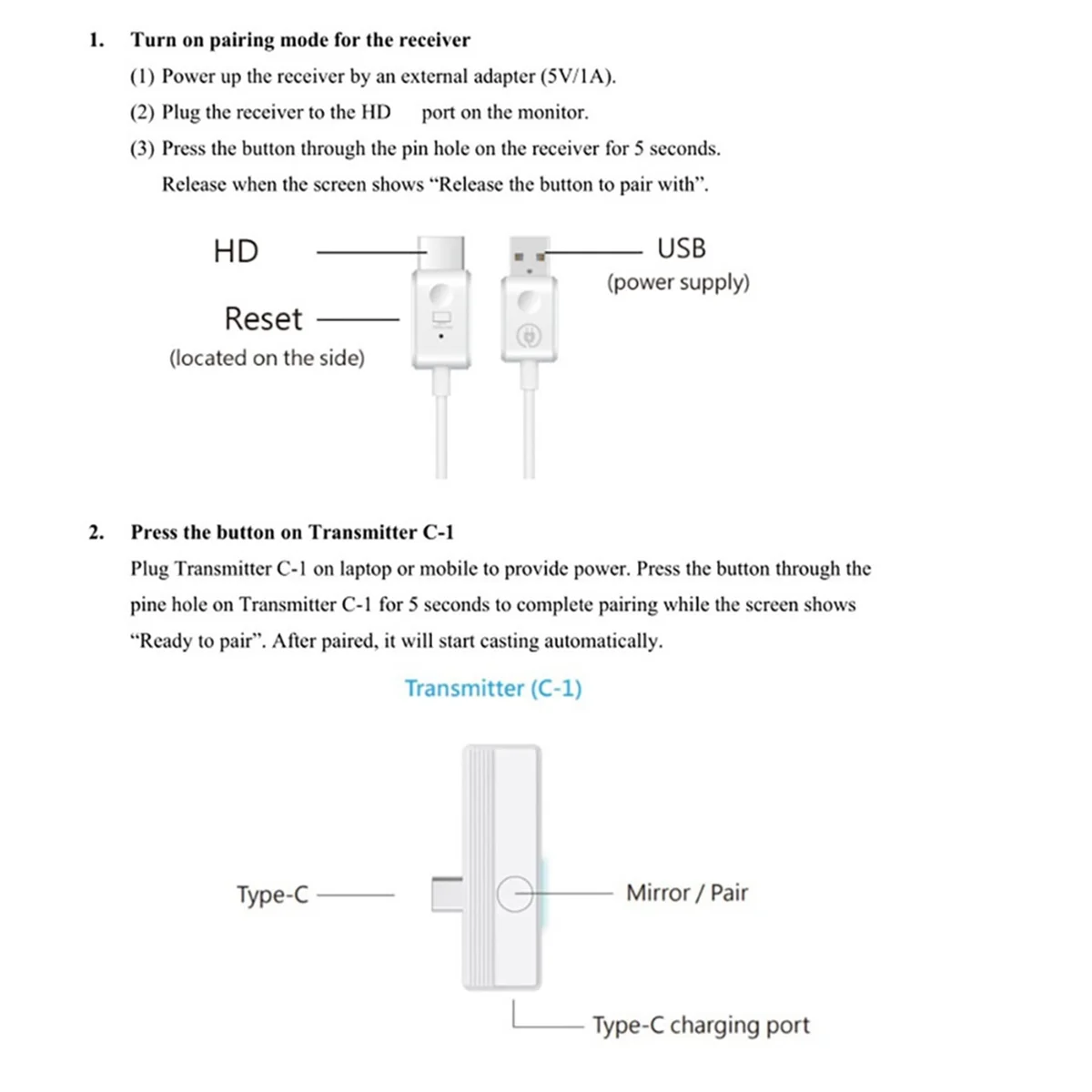 Wireless USB C to -Compatible Display Adapter Screen Mirror Cast Extend for Laptop Smart Phone to TV Projector