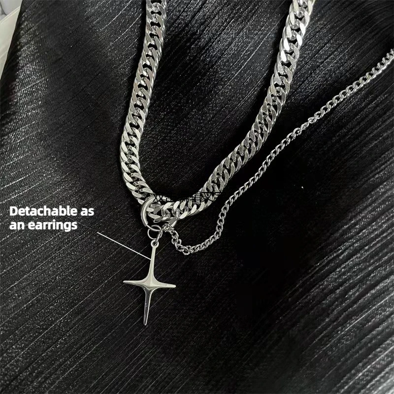 Silver Color Layered Cross Necklace Cuban Link Snake Chain Double Cross Pendant Hip Hop Street Clavicle Chain Unisex Daily Wear