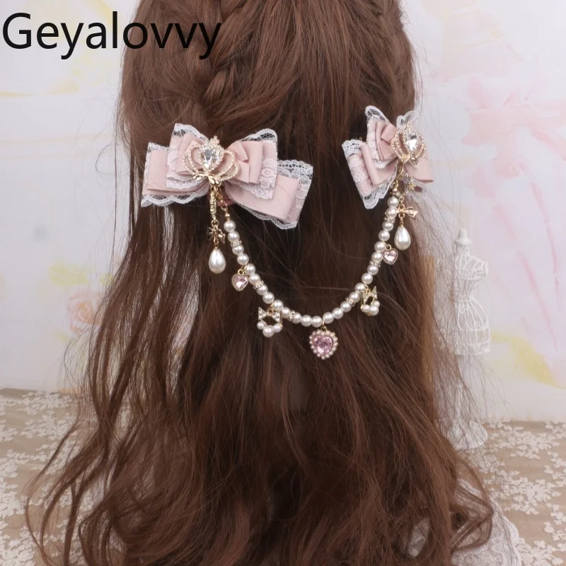 

Japanese Sweet Lace Edge Heavy Craft Big Bow Hair Accessory Hairclip Crown Pendant Beaded Kawaii Cute Girls Hair Clips