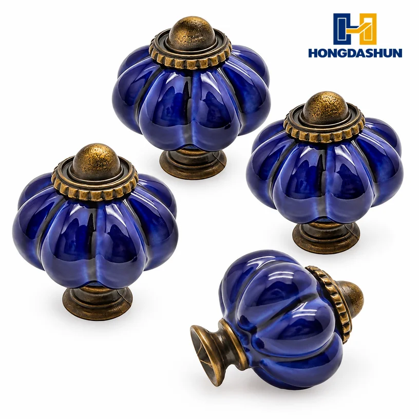 Vintage Cobalt Blue Ceramic Pumpkin Knob Zinc Alloy Cabinet Drawer Dresser Pull Handle with Screws for Kitchen Closet Wardrobe D