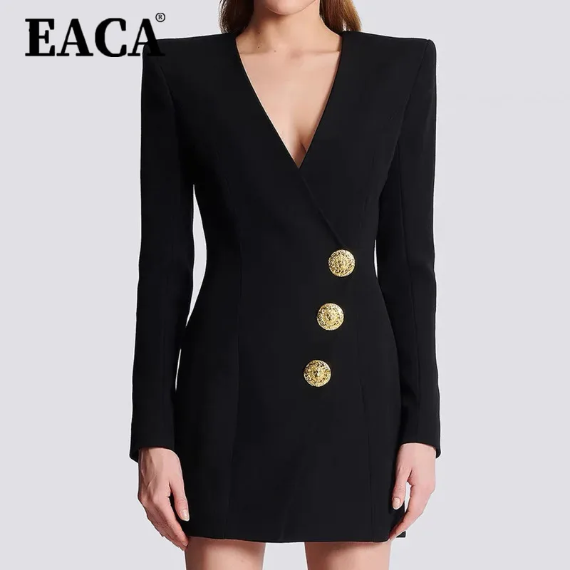 

EACA 2025 Fall Winter Sexy V-neckline Single-breasted Long Sleeve Women Office Blazer Short Mini Slim Black Dress