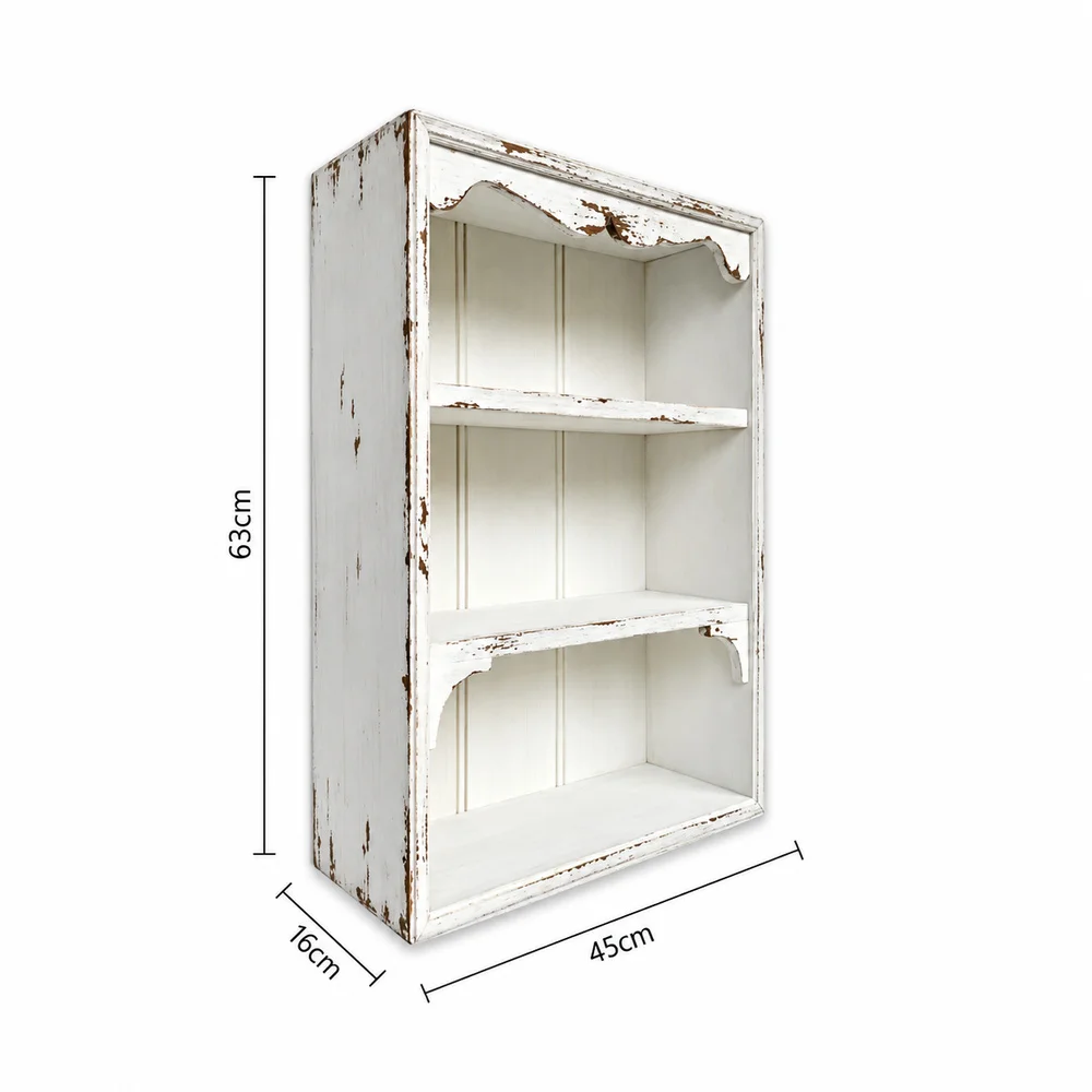 Vintage White Fir Wood Wall Shelf, 3-Tier Rustic Farmhouse Wall-Mounted Display Storage Rack, 45 x 16 x 63 cm