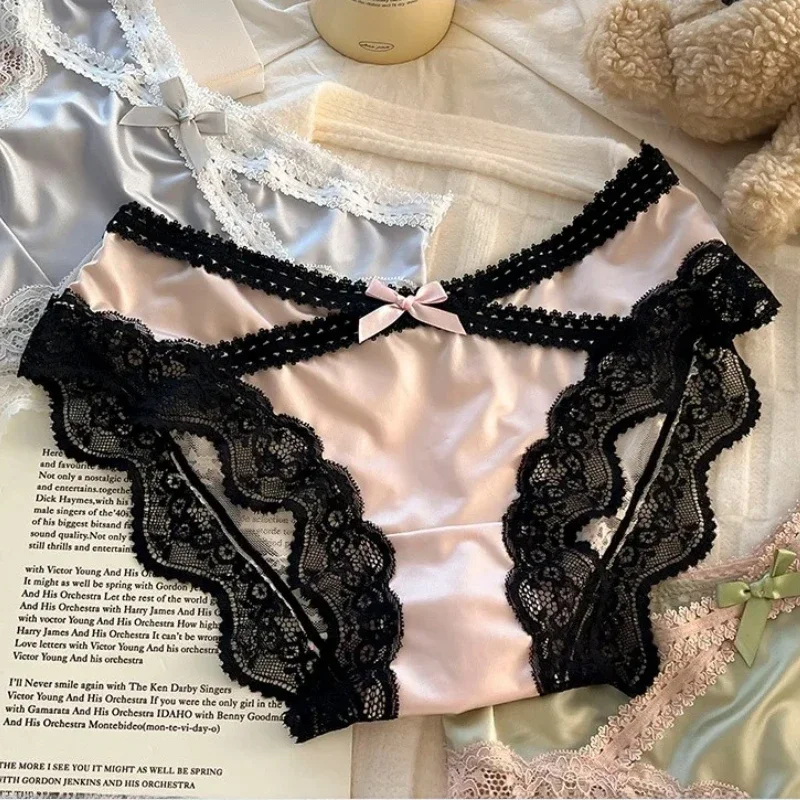 

Летние атласные кружевные трусы со вставками, сексуальные женские трусы, милые трусики с низкой посадкой и бантом, мягкие трусы, удобные трусики для девочек