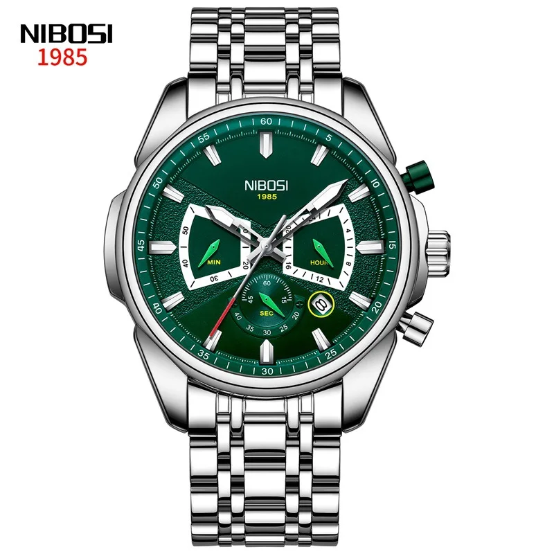 NIBOSI Fashion Green Quartz Watch Stainless Steel Waterproof Business Mens Watches Top Brand Luxury Watches Relogio Masculino