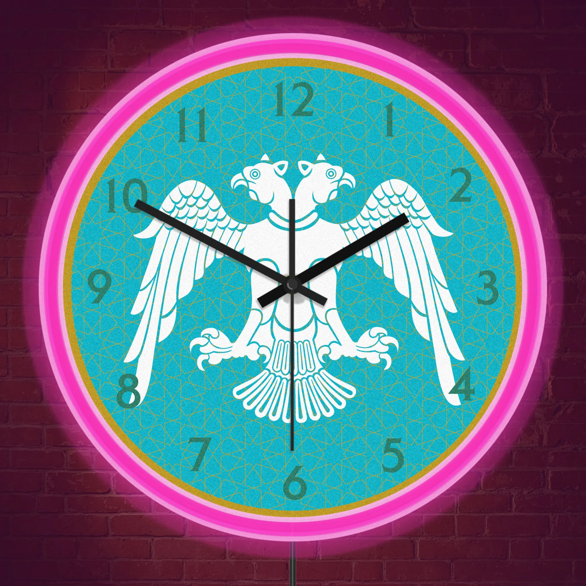 Vintage Double Headed Eagle LED Night Light Neon Wall Clock Heraldry Art Illuminated Sign Glow in Dark for Man Cave Office Room