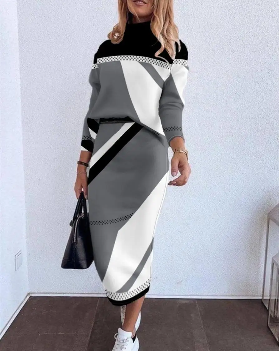 Fashion Printing Women Dress Sets Bodycon Slim Skirt and High Callor Long Sleeve Pullover Top Suits Casual Female Dress Sets