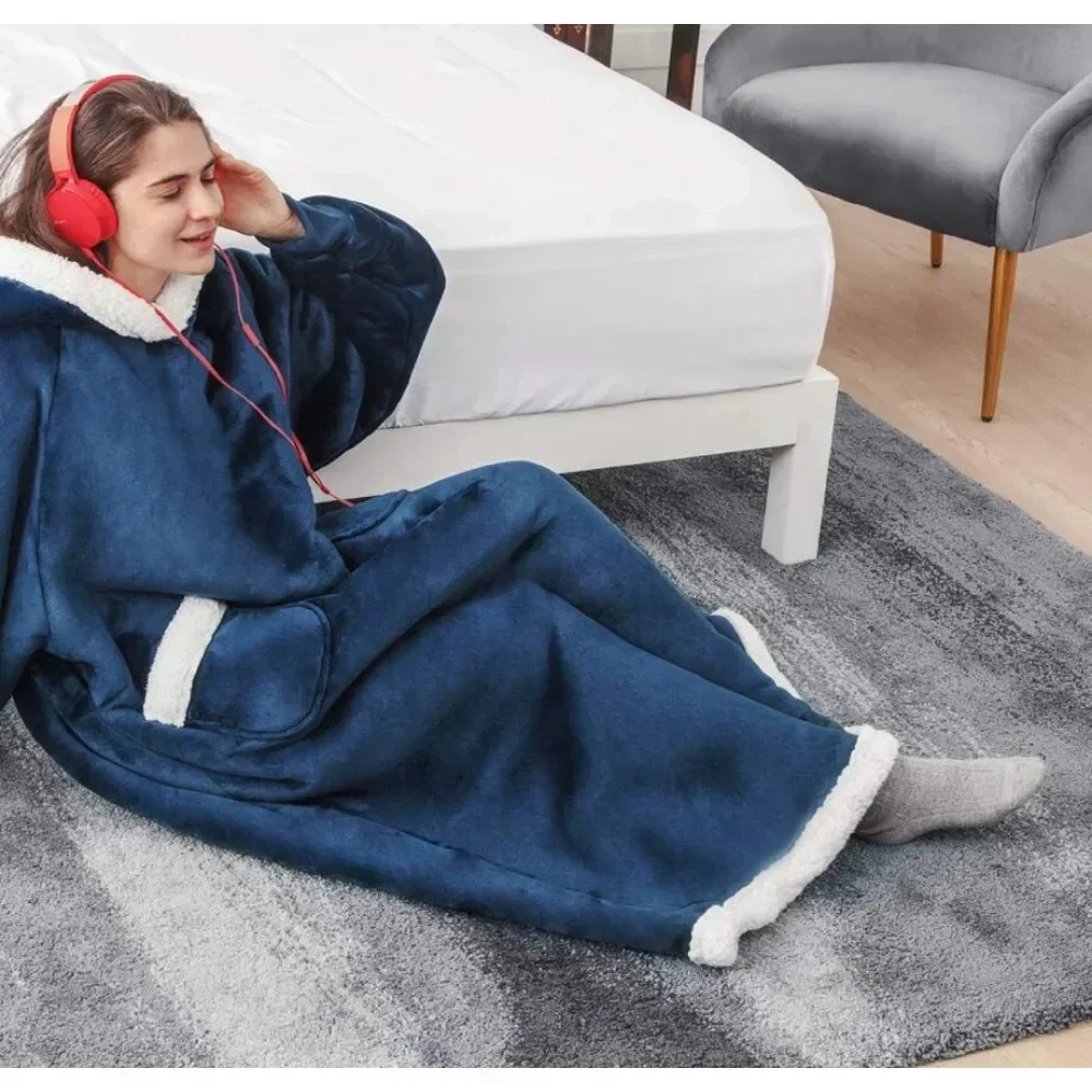 Oversized Winter Hooded Super Long Blanket with Sleeves Extra Long Warmer Hoodies Fleece Giant Pullover Plush Wearable Blanket