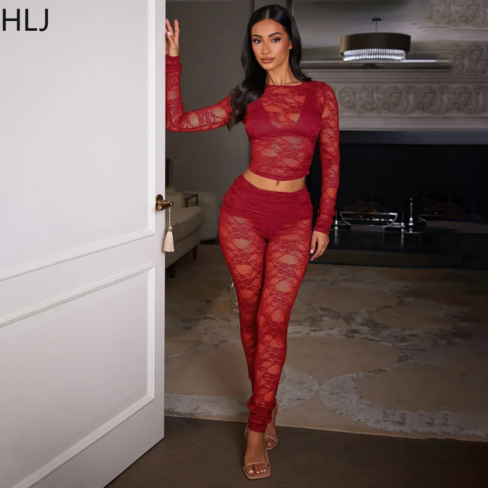 HLJ Sexy Floral Lace 2 Piece Sets Woman Outfit Hollow Out See Through Crop Tops + Fake Skirt Pants Suits Female Night Clubwear