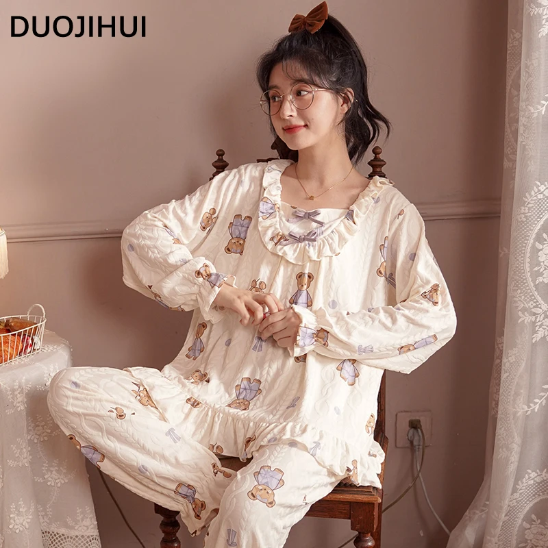 DUOJIHUI Autumn Classic Two Piece Loose Female Pajamas Set New Sweet Pullover Simple Pant Fashion Casual Home Pajamas for Women