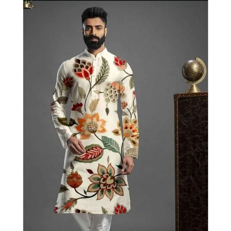 Мужской цифровой печатный Kurta Vardha, обычный воротник-стойка, длинный, подходит для всех случаев, таких свадьба, Hari Raya Aidilfitri