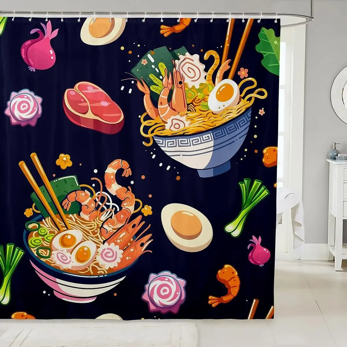 

Занавеска для душа Ramen, розовая занавеска для ванной в японском стиле для мальчиков и девочек-подростков, комплект занавесок для душа в ванной комнате, водонепроницаемый