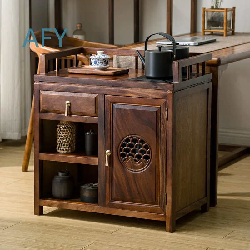 Walnut Wood Tea Cabinet for Home Living Room with Built-in Electric Kettle Stand Real Wood Tea Table Mobile Storage Shelf for