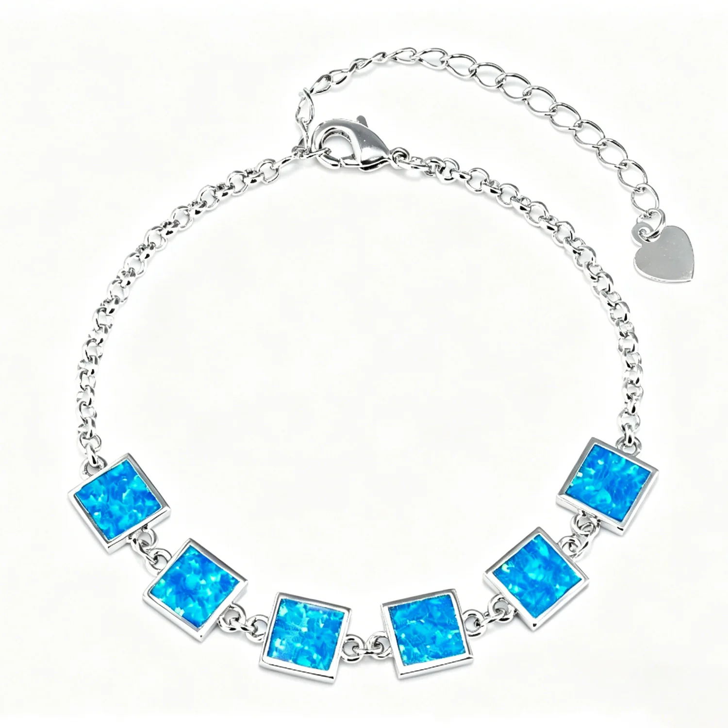 Silver Toned Adjustable Bracelet  Perfect Christmas/Valentine's Day Jewelry Gift for Her Stunning Blue Opal Like Square Bracelet