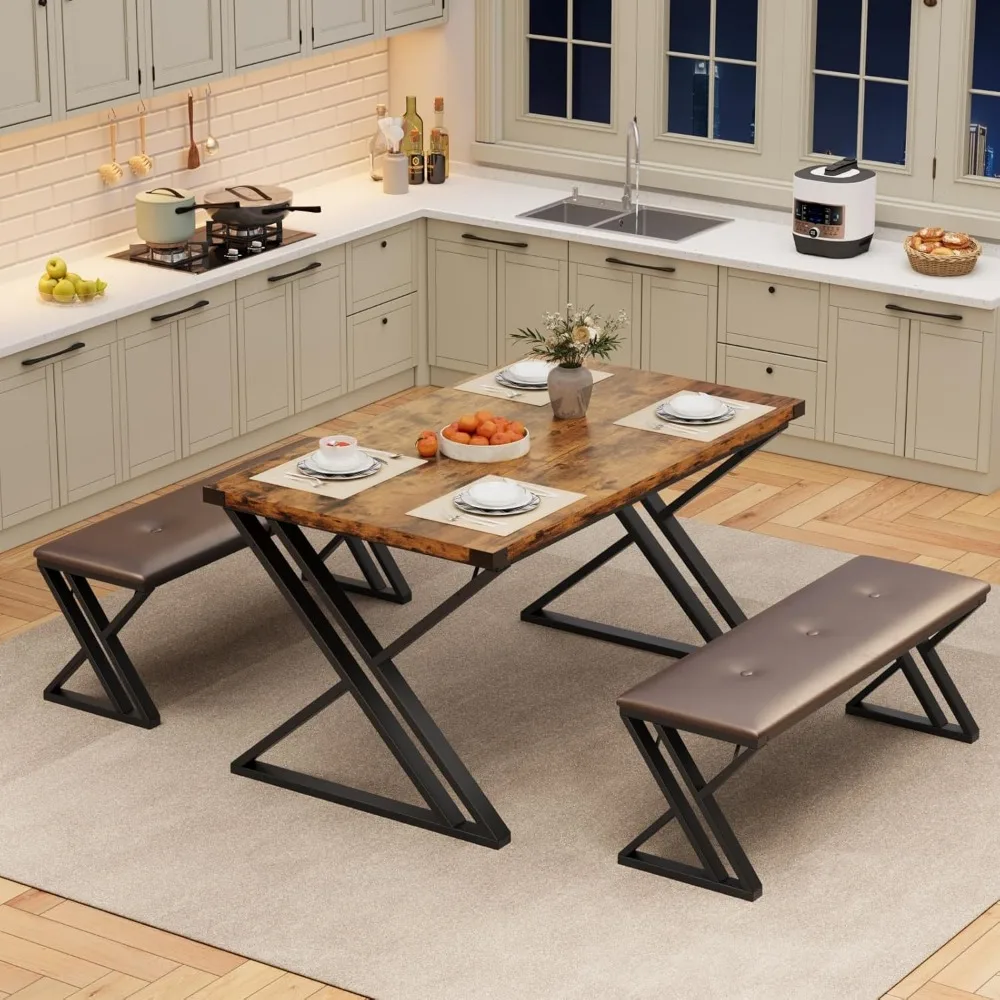 

Dining Table Set for 4, 3 Piece Dining Table Set with 2 Upholstered Benches, Kitchen Table for Small Space, Apartment, Kitchen,