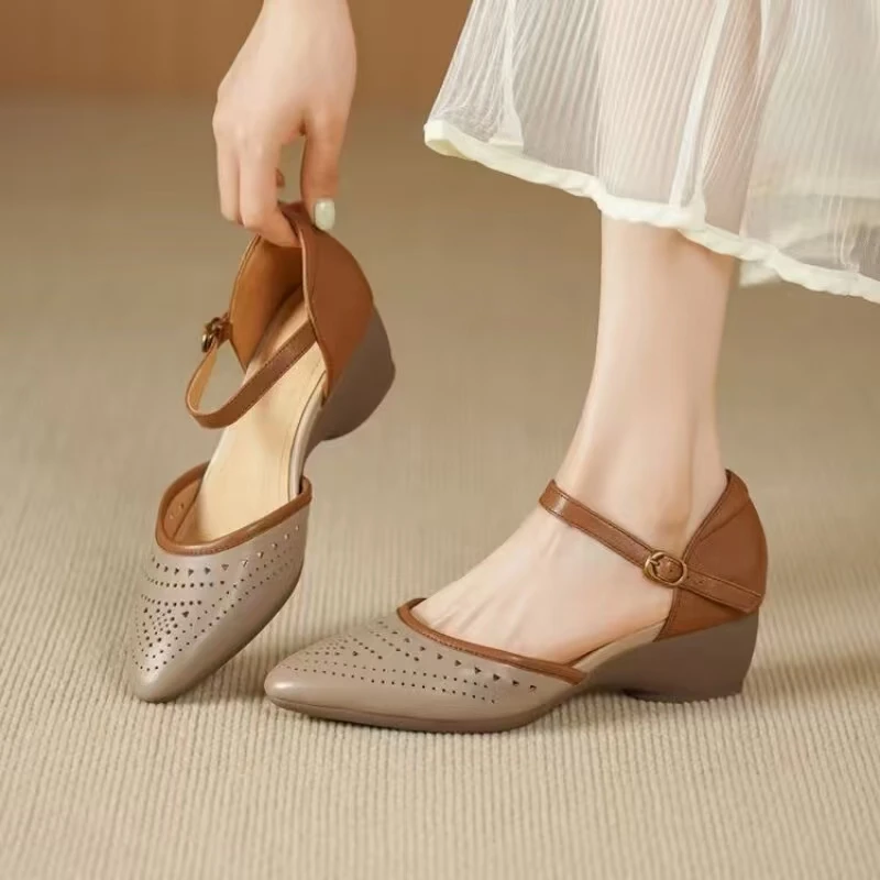 Women PU Leather Wedges Baotou Sandals Summer New Soft Sole Non Slip Pointed Toe Single Strap Hollow Out Mid Heel Sandals