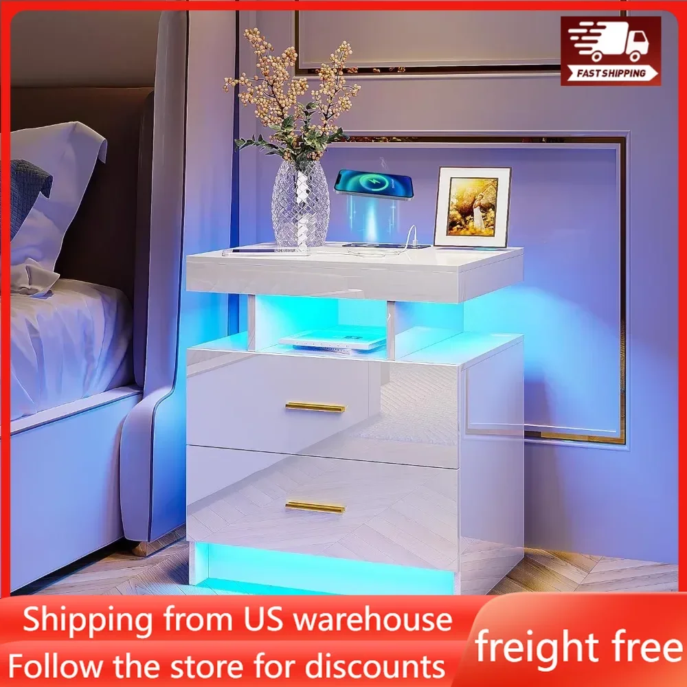 

Auto LED Nightstand With Wireless Charging Station & USB Ports Bedside Tables for the Bedroom Furniture Nightstands Mobile Home